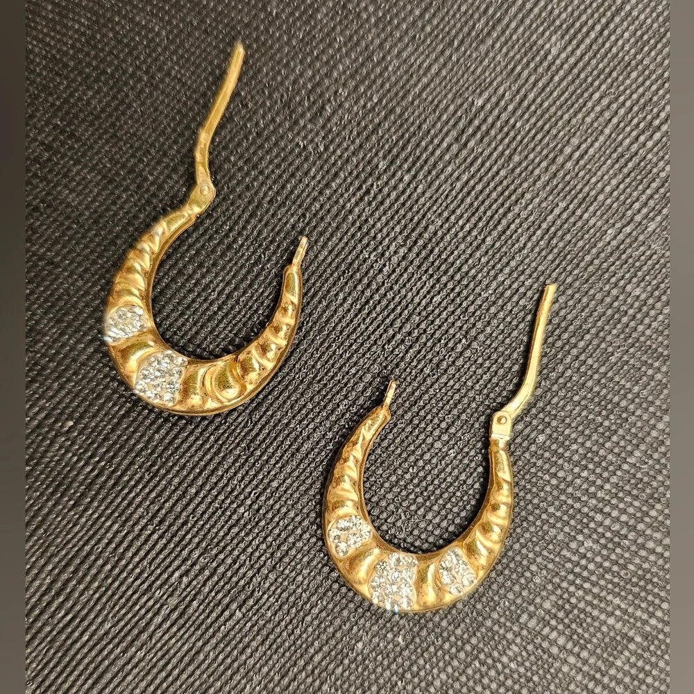 Gold Tone Hoop Earrings with Crystal Accents - Women Jewelry - Picture 3 of 3